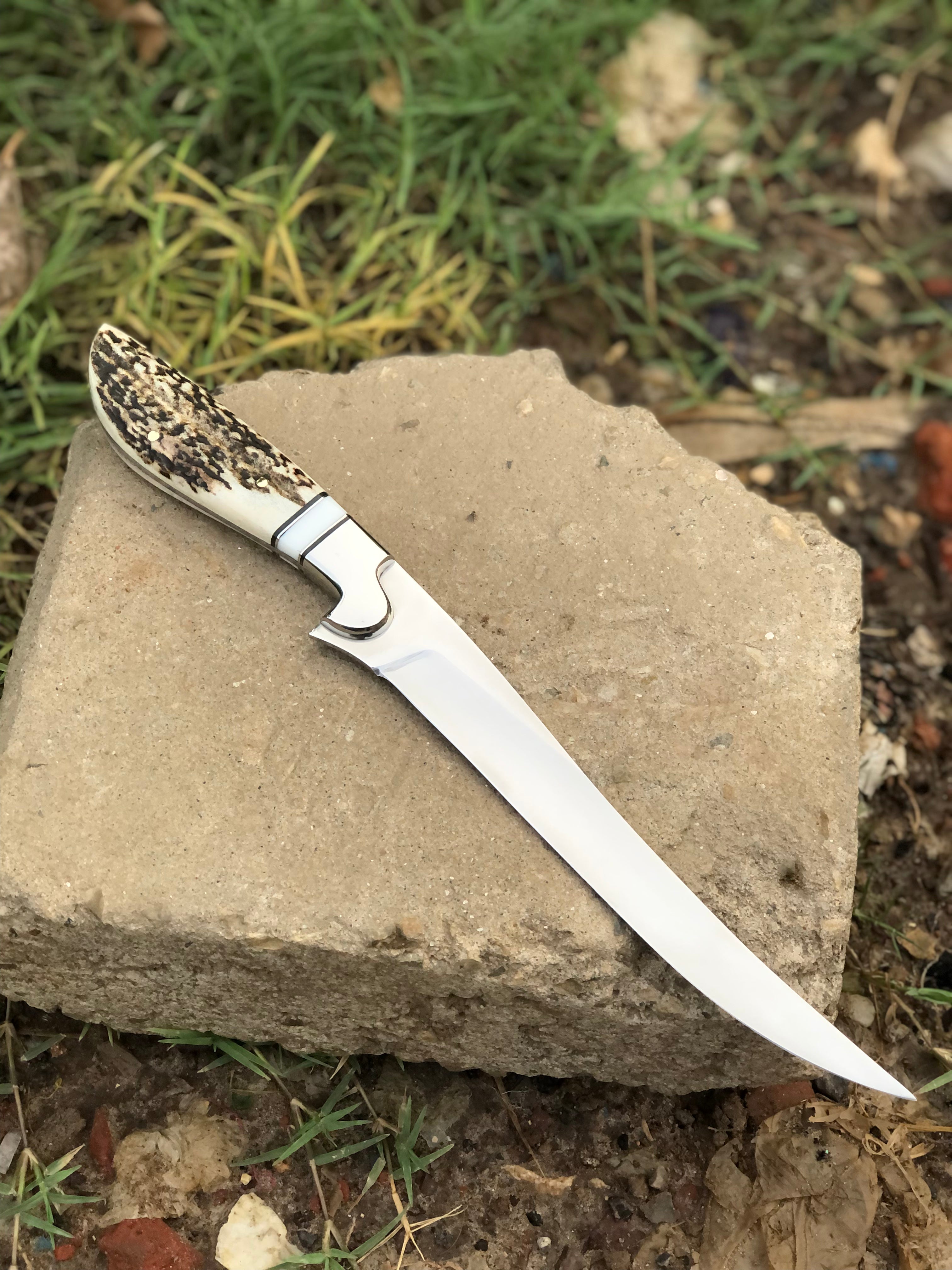 Best Custom Handmade D2 Steel Fishing Fillet Knife - Stag Horn Handle with Steel Bolster & Leather Sheath | Top Flexible Fillet Knives
