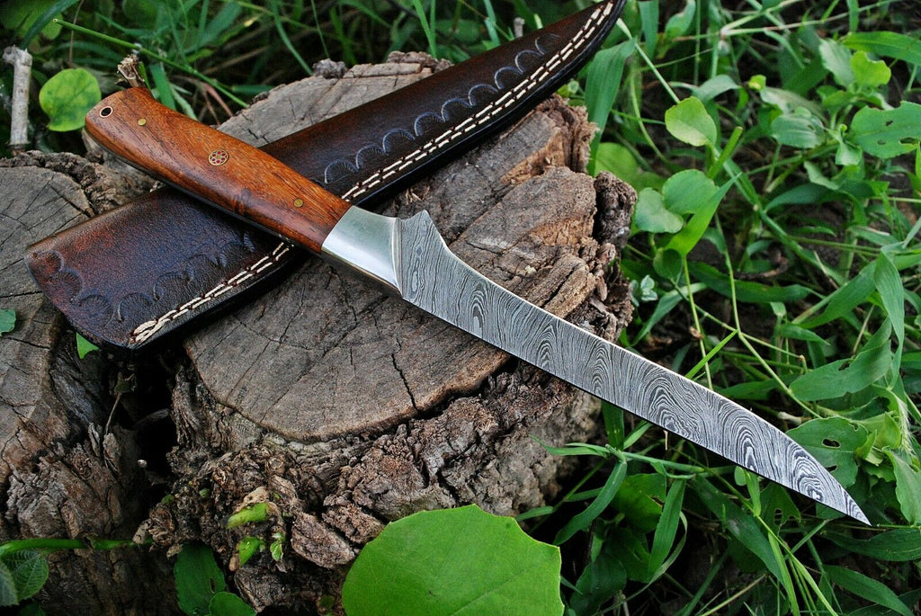 Custom Handmade Damascus Fillet Knife - 10.5" Blade with Rosewood Handle & Leather Sheath | Premium Fishing Fillet Knives