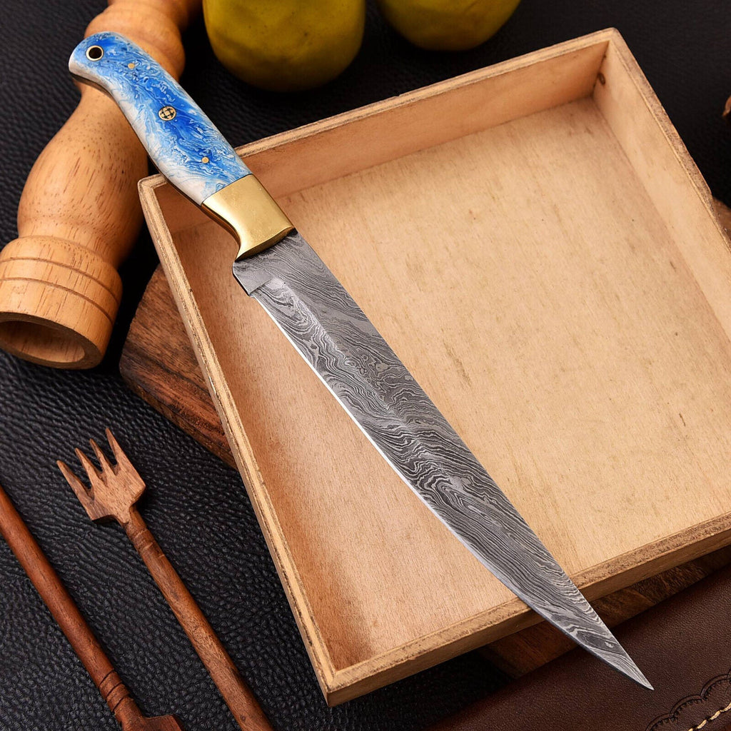 Handmade Damascus Fillet Knife – Brass & Resin Handle with Leather Sheath | Best Fillet Knife