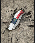 Custom Handmade Damascus Folding Knife – 3" Blade | Patriotic American Flag Handle with Steel Bolster & Leather Sheath