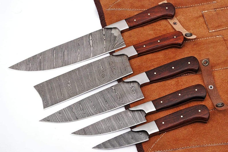 Custom Handmade Damascus Kitchen Knife Set with Rosewood Handles and Twisted Pattern Blades