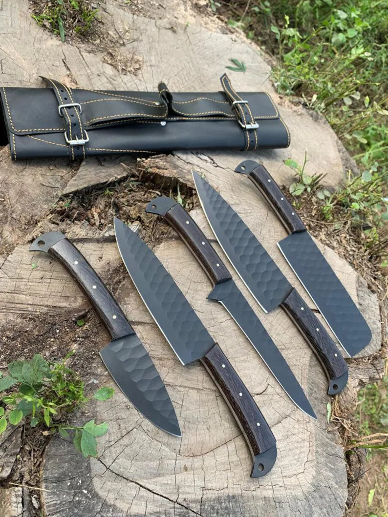 Custom Handmade Damascus Knife Set with Wangi Wood Handles