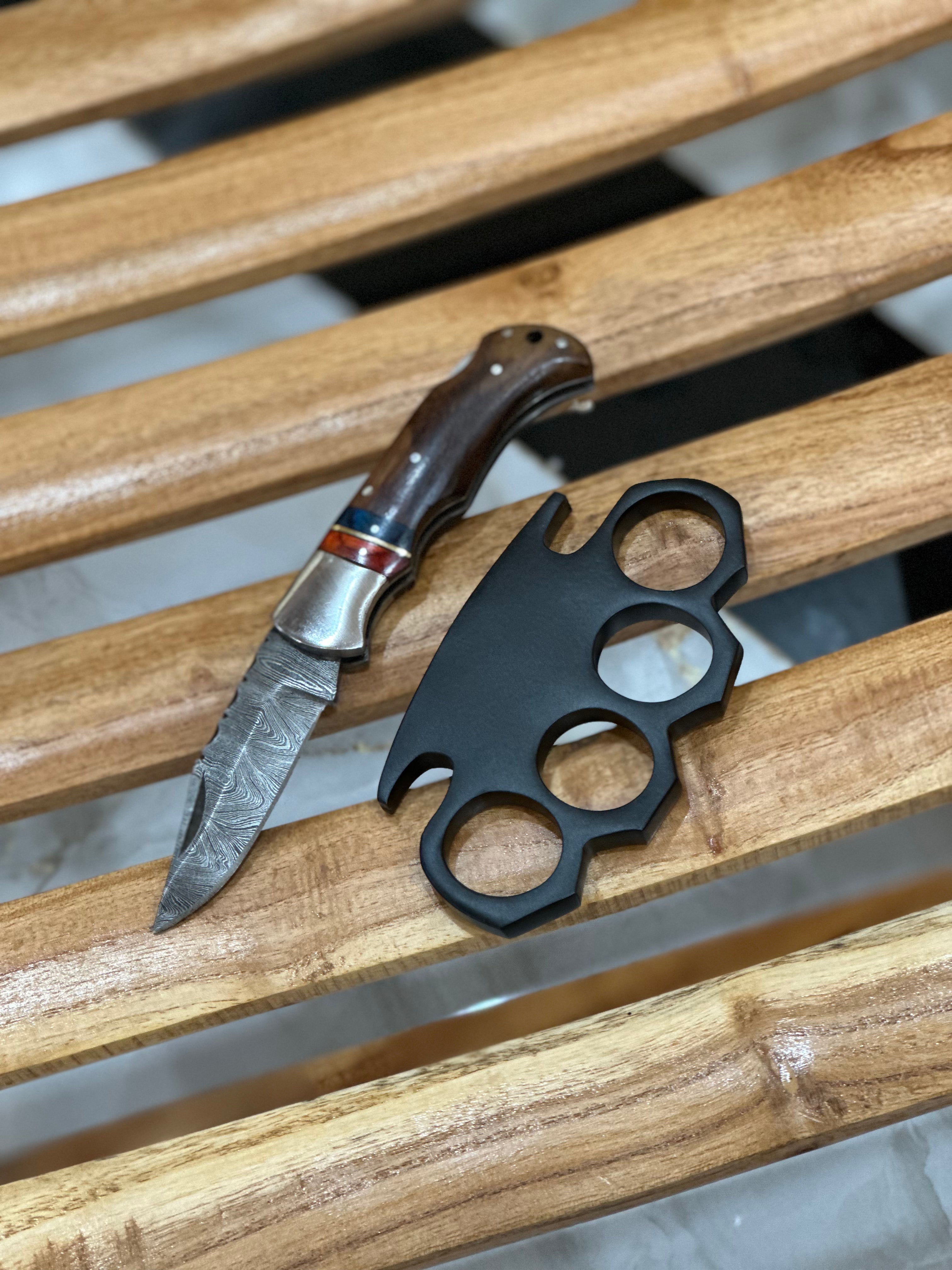 Custom Handmade Black Steel Knuckle Duster with Pocket Knife & Belt Loop Leather Case - Solid Brass Construction