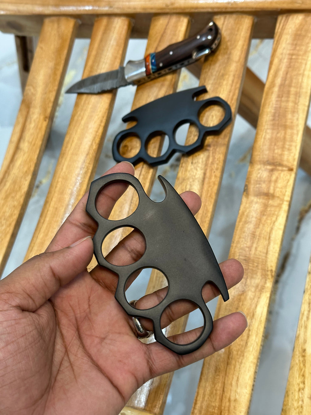 Custom Handmade Black Steel Knuckle with Pocket Knife and Belt Loop Leather Case - Solid Brass Self-Defense Duster for Everyday Carry