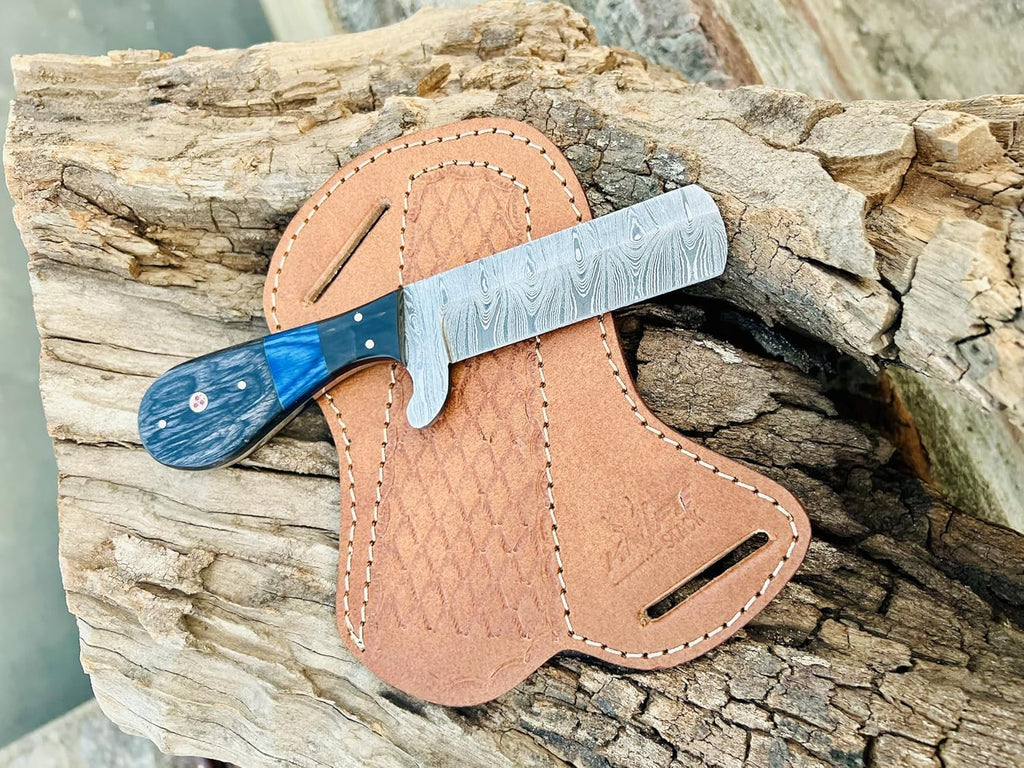 Custom Handmade Bull Cutter Knife – Damascus Steel with Resin & Pakka Wood Handle