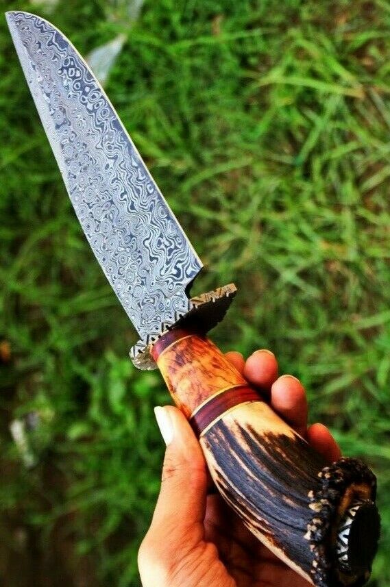 Best Custom Handmade 15" Damascus Steel Bowie Knife with Stag Horn & Olive Wood Handle, Damascus Guard – Includes Leather Sheath