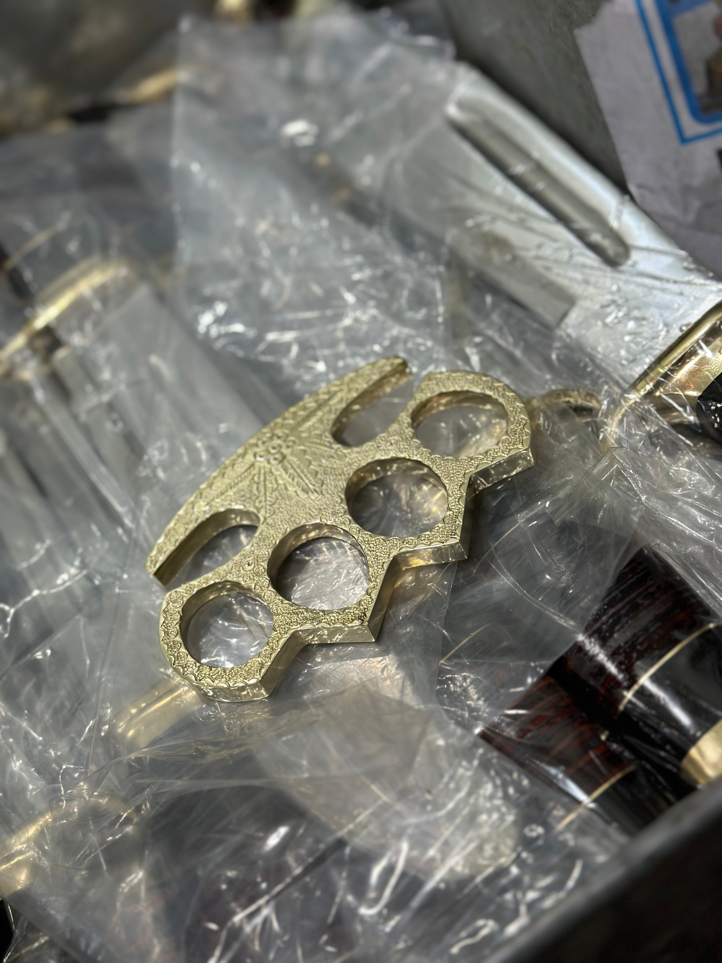 Handmade Engraved Brass Knuckles with Leather Belt Case – Solid Brass Everyday Carry
