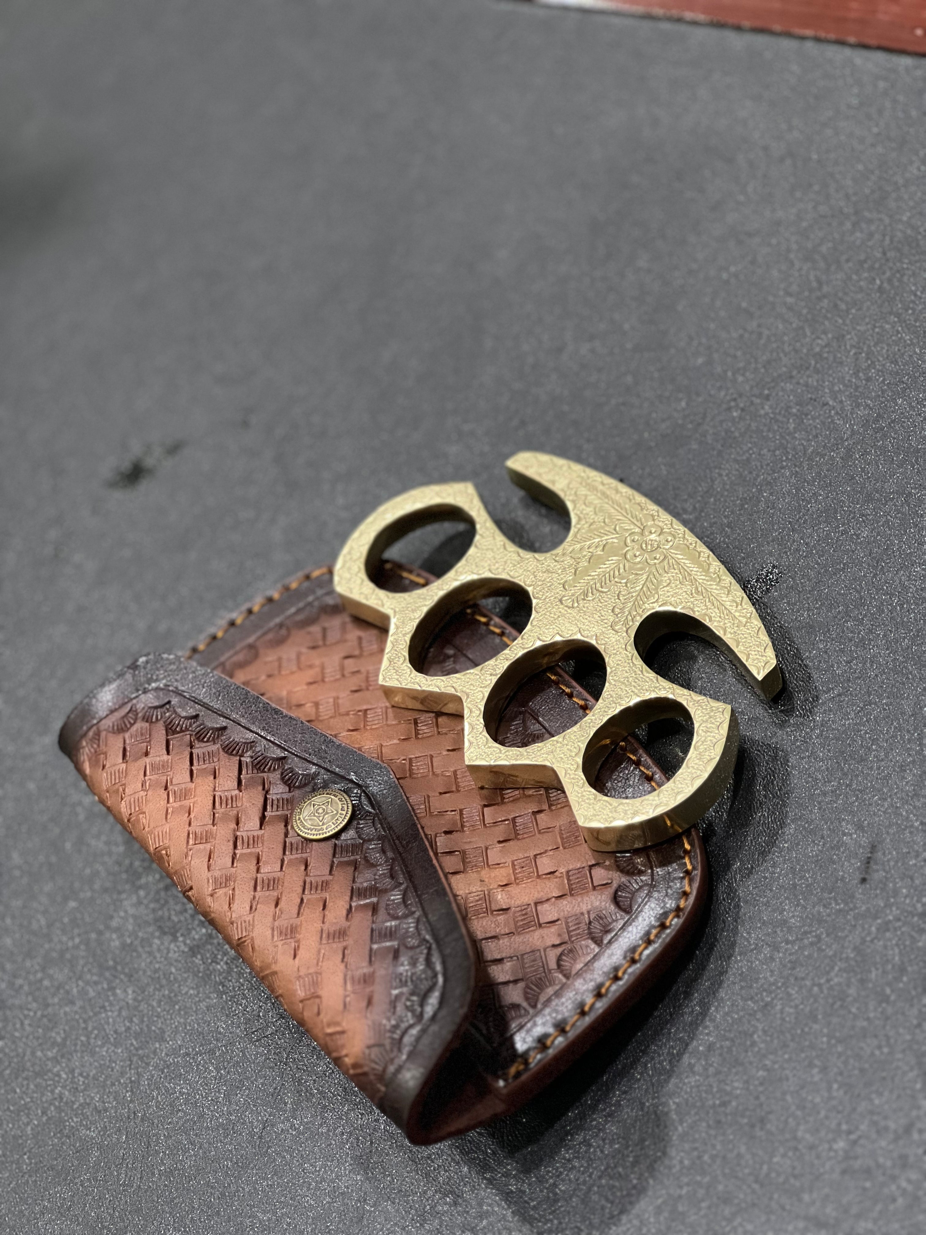 Brass Knuckles – Solid Brass with Leather Belt Case | Handmade Self-Defense Gear