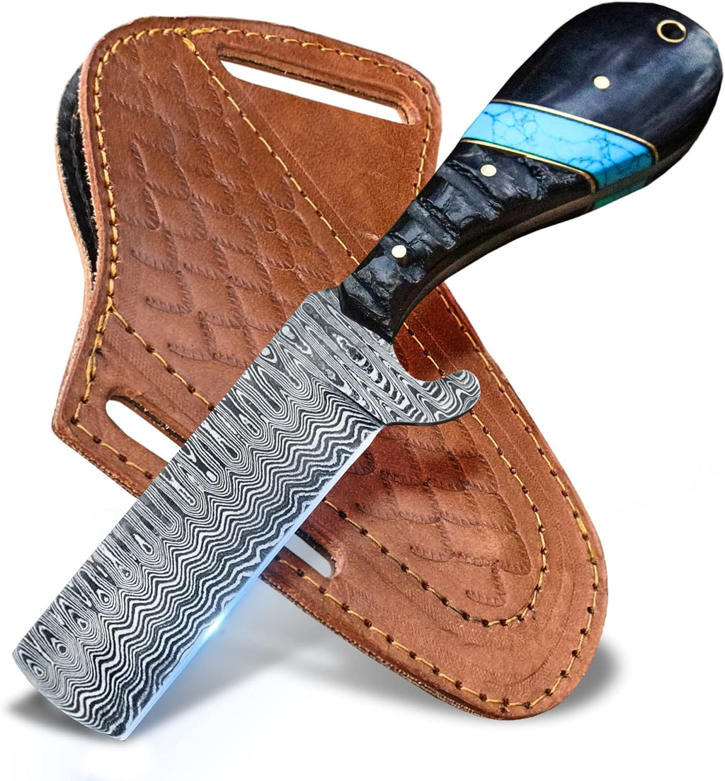 Handmade Bull Cutter Knife - Damascus Steel 8" Fixed Blade with Resin or Sheep Horn Handle & Leather Sheath