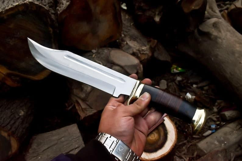 Crocodile Dundee Bowie Knife by Paul Hogan | Custom 16-Inch 440C Steel Blade with Leather and Buffalo Horn Handle, Brass Guard, and Leather Sheath