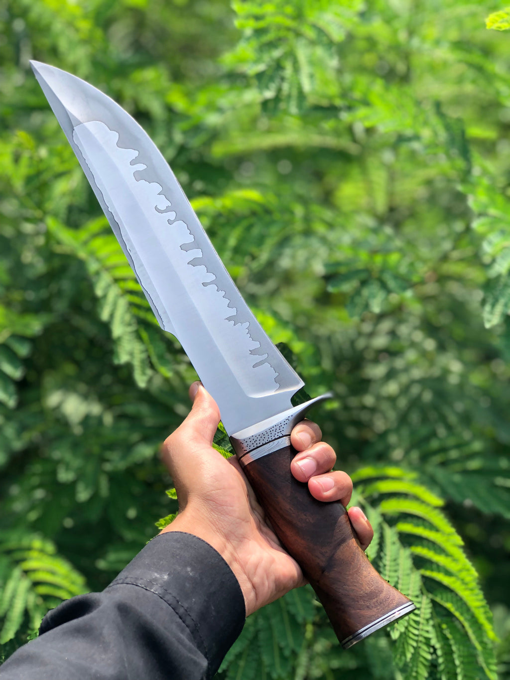 Custom Handmade D2 Steel Bowie Knife with Rosewood Handle and Steel Guard, Complete with Leather Sheath
