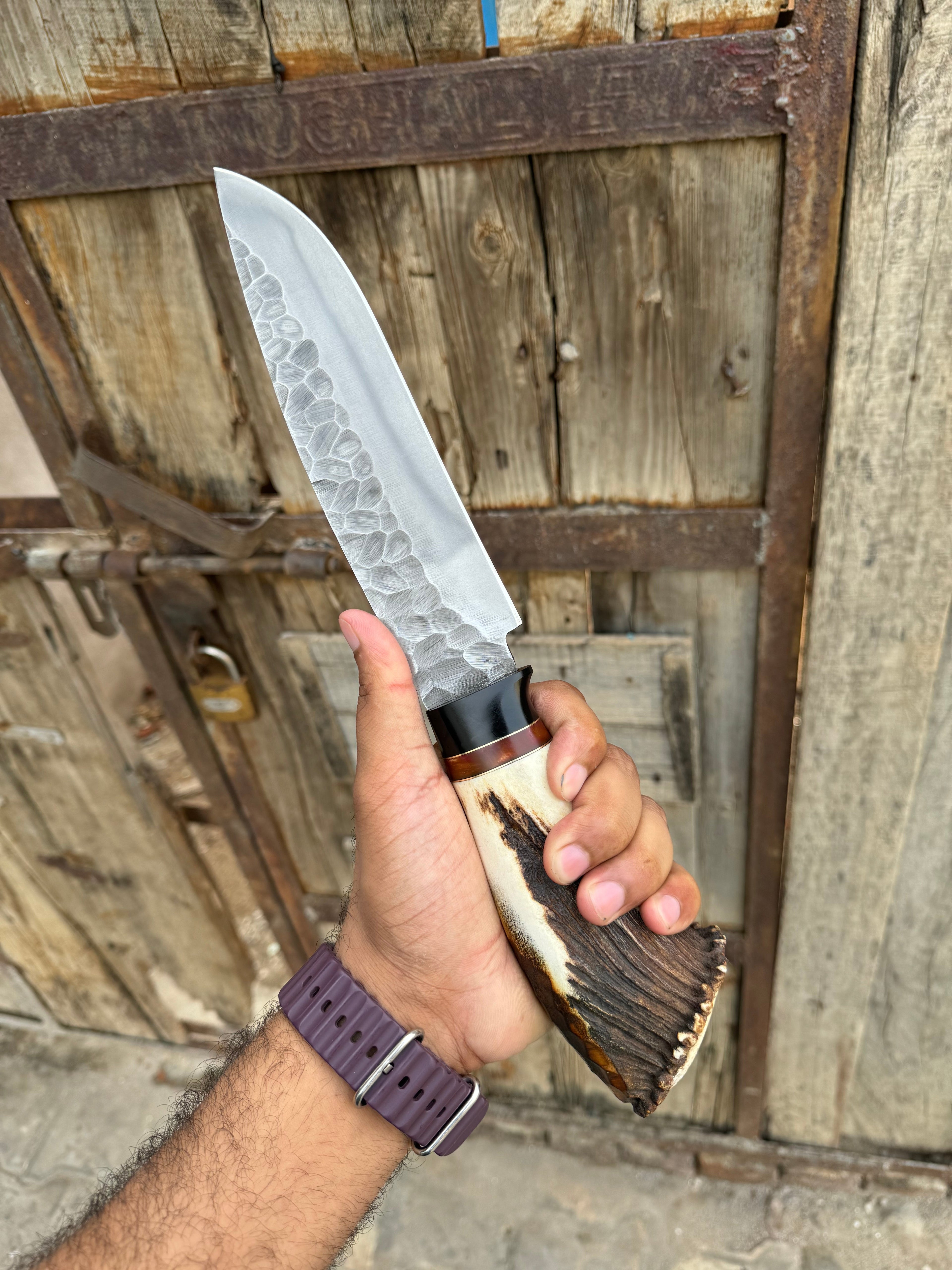 Custom Handmade 13" D2 Steel Bowie Knife with Stag Crown Handle and Leather Sheath
