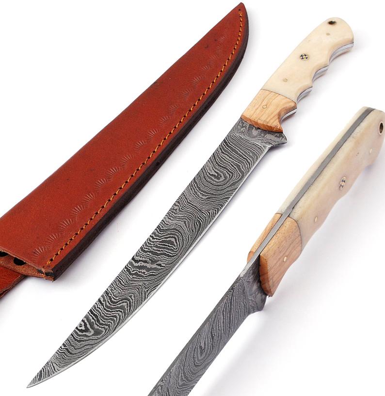 Custom Handmade 13-Inch Damascus Fillet Knife with Olive Wood and Bone Handle, Leather Sheath Included