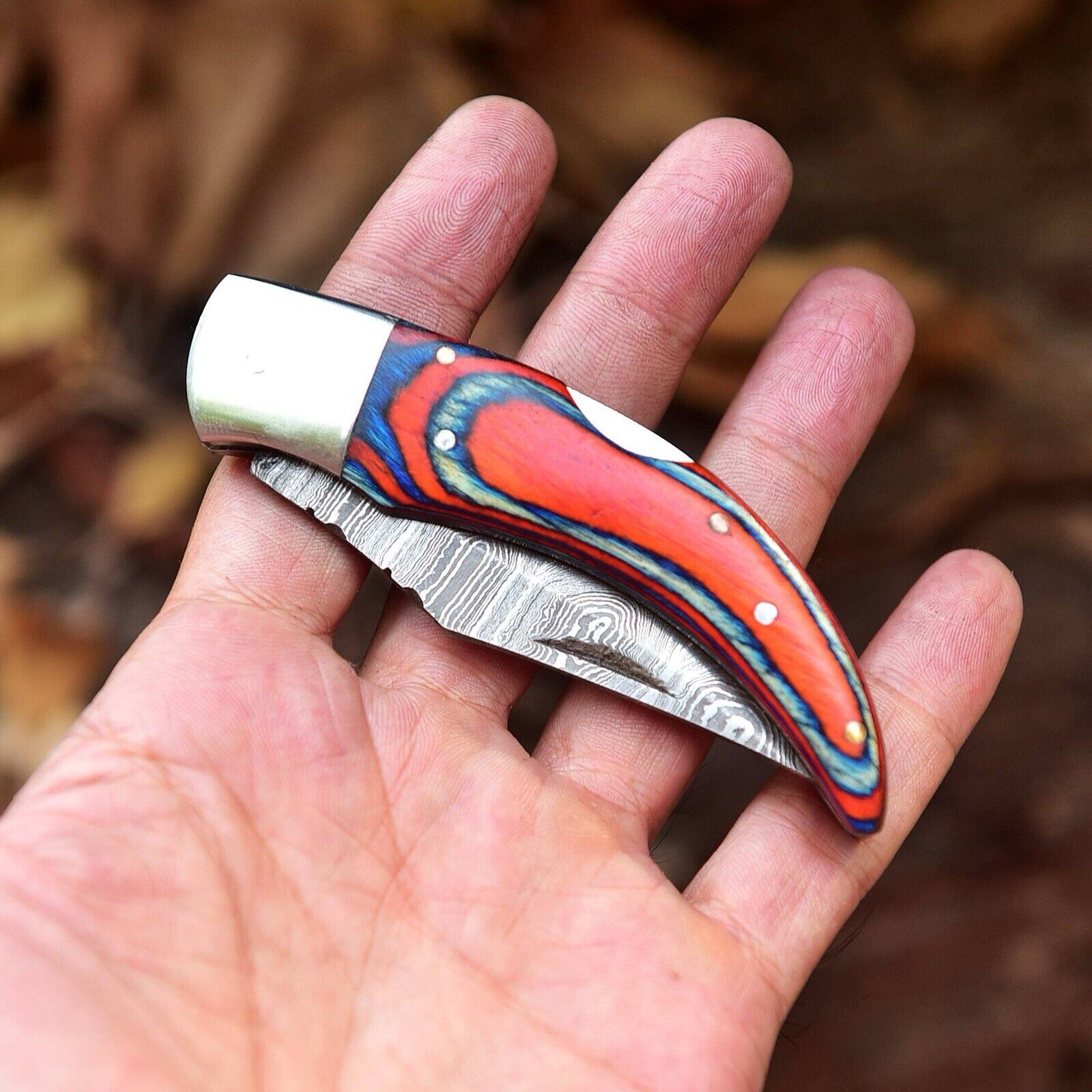 Fall Edition – New Handmade Damascus Pocket Knife 4" with Pakka Wood Handle & Leather Belt Sheath