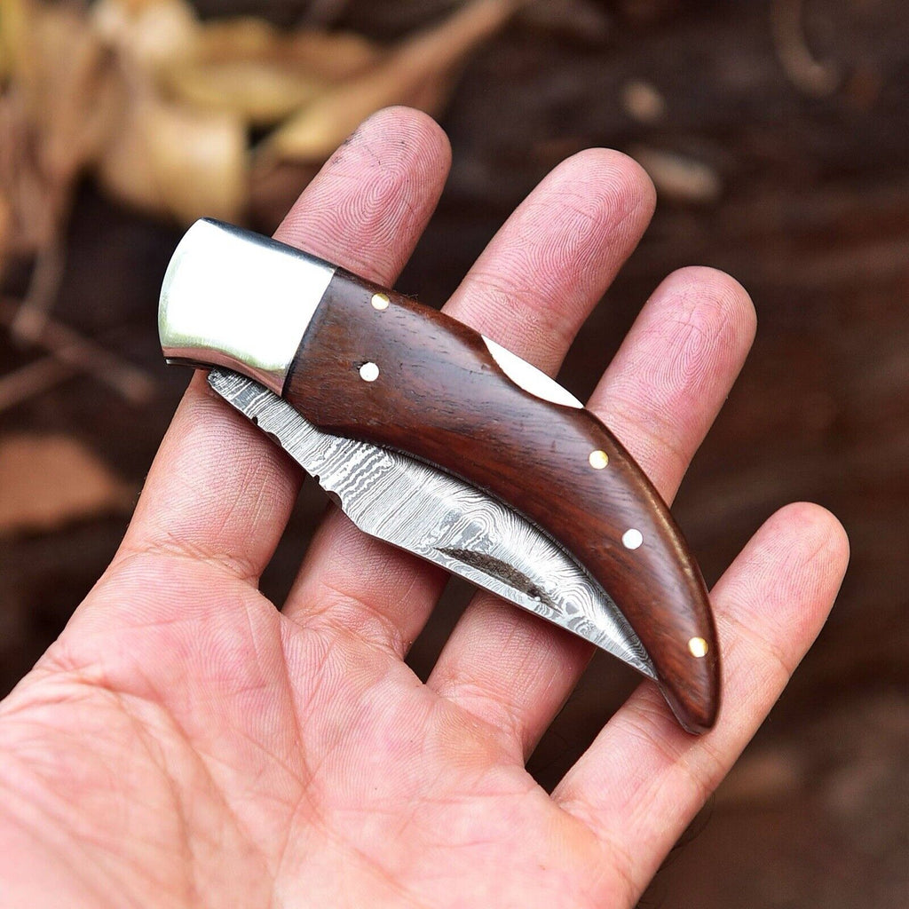 Fall Harvest Edition – Damascus Steel Pocket Knife | 4" EDC Rosewood Handle with Leather Carry Case