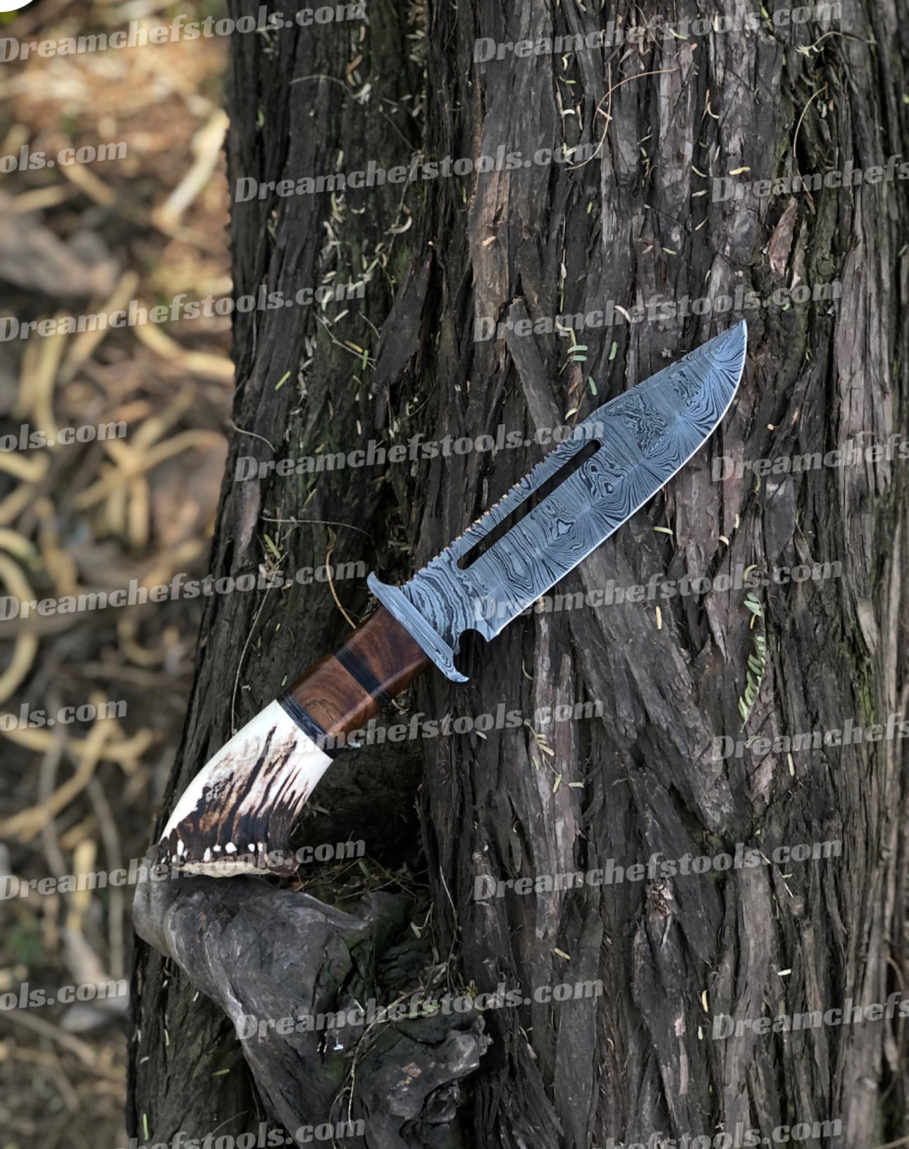 15" Handmade Damascus Steel Bowie Knife – Full Tang with Stag Crown Antler & Rosewood Handle, Damascus Steel Guard, Includes Leather Sheath