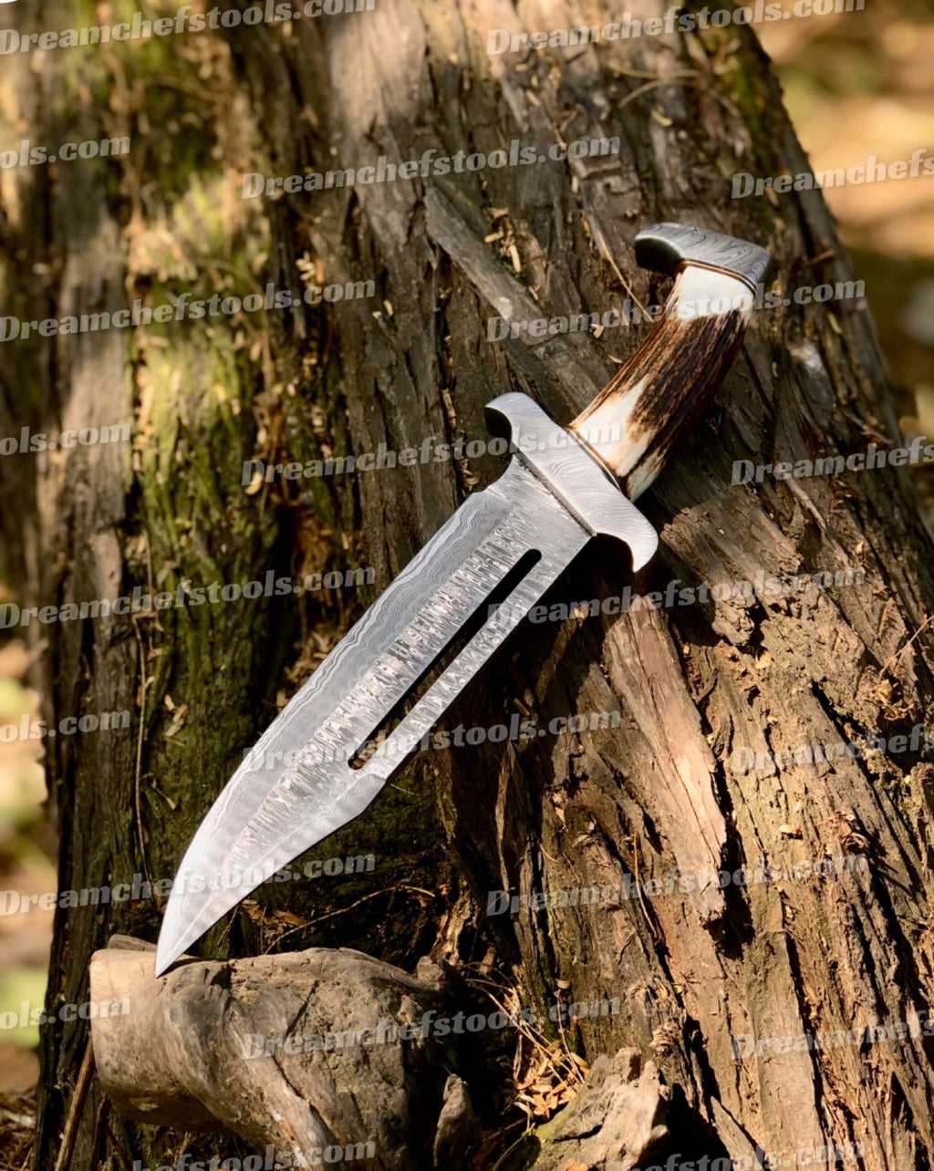 15" Handmade Damascus Steel Bowie Knife – Full Tang with Stag Antler Handle & Damascus Steel Guard, Includes Leather Sheath