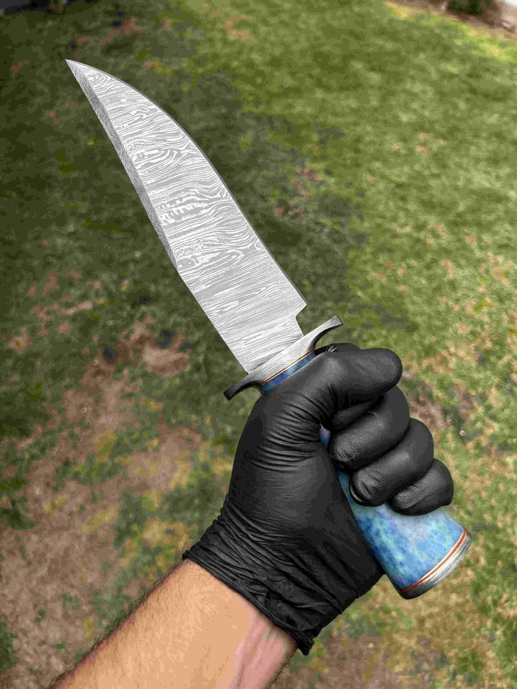 Custom Damascus Steel Bowie Knife with Color Bone Handle and Damascus Steel Guard | 13" Overall Length | Includes Leather Sheath