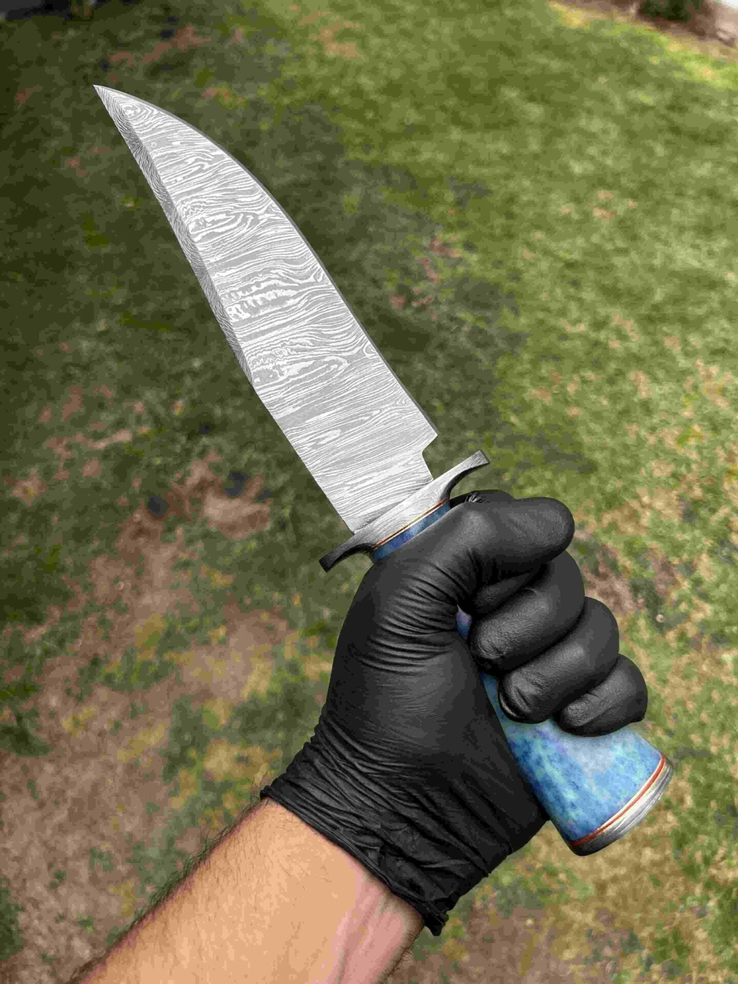 Custom Damascus Steel Bowie Knife with Color Bone Handle and Damascus Steel Guard | 13" Overall Length | Includes Leather Sheath