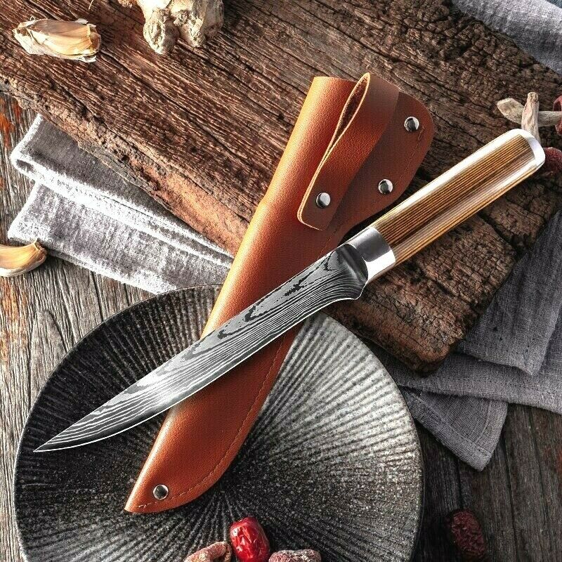 Best Custom Handmade Damascus Steel Fillet Knife - 10.5" Flexible Blade with Exotic Wood Handle & Leather Sheath
