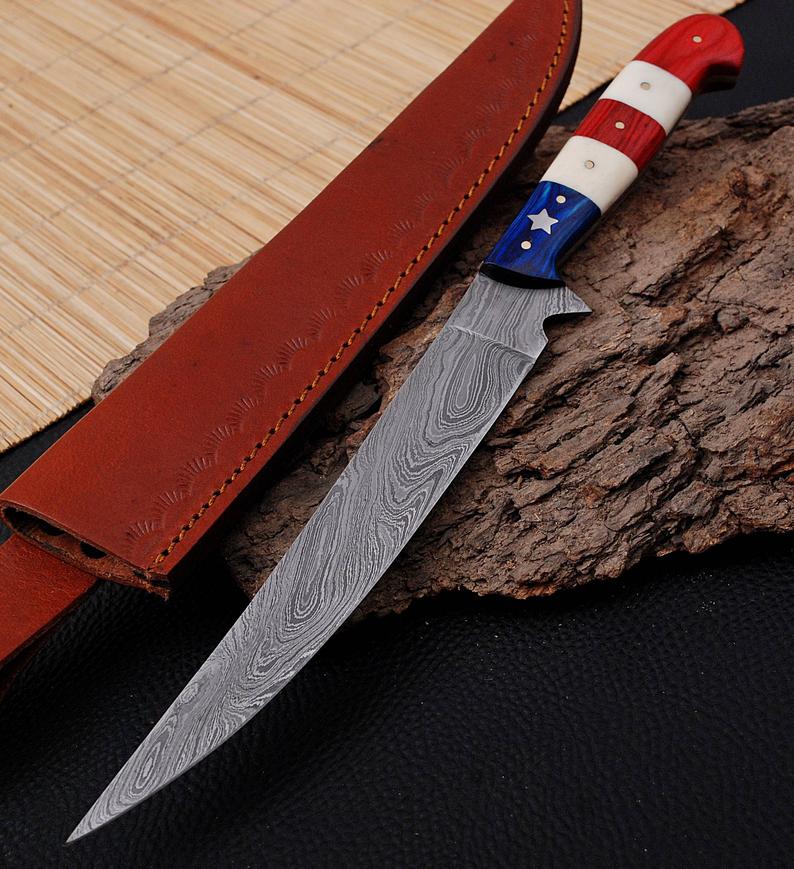 Custom Handmade 12-Inch Damascus Fillet Knife with Exotic Wood and Bone Handle, Leather Sheath Included