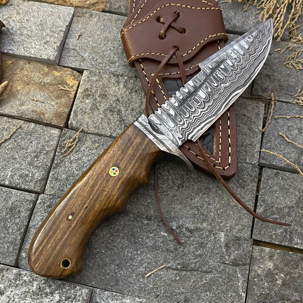 Best Hunting Knife with Custom Handmade Damascus Steel Blade, Damascus Steel Guard & Rosewood Handle – Includes Leather Sheath