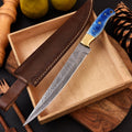 Handmade Damascus Fillet Knife – Brass & Resin Handle with Leather Sheath | Best Fillet Knife
