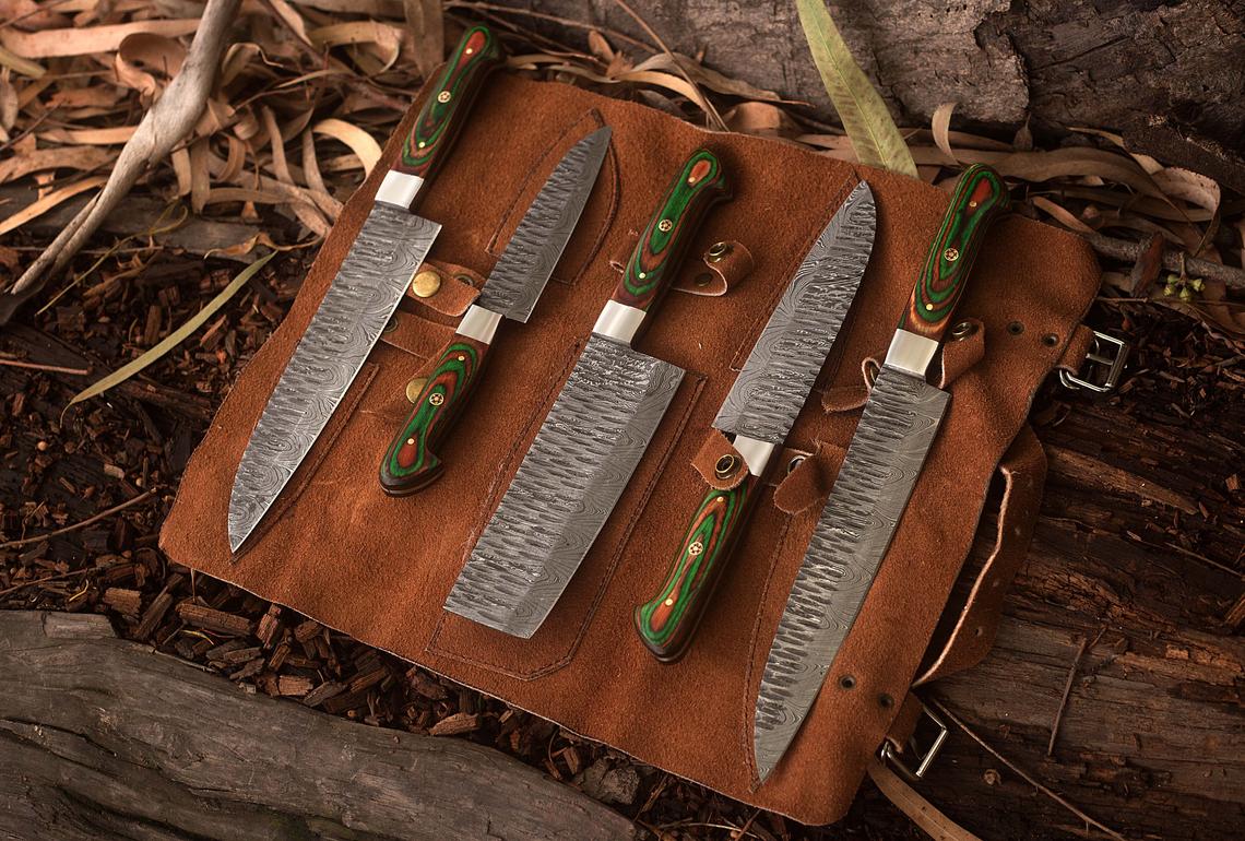 Exclusive Handmade Damascus Kitchen Knife Set with Exotic Wood Handles and Twisted Steel Bolsters