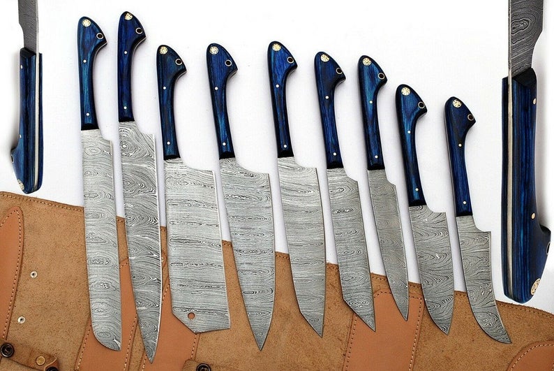 Exquisite Custom Handmade Damascus Kitchen Knife Set | Twisted Pattern Blades & Exotic Wood Handles | Perfect Gift Item