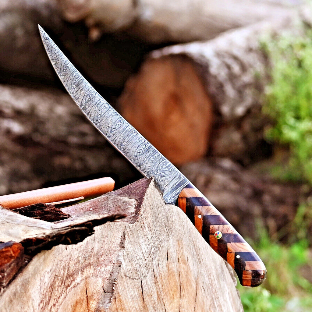 Fishing Fillet Knife - Handmade Damascus Steel Best Fillet Knife with Rosewood and Olive Wood Handle & Leather Sheath