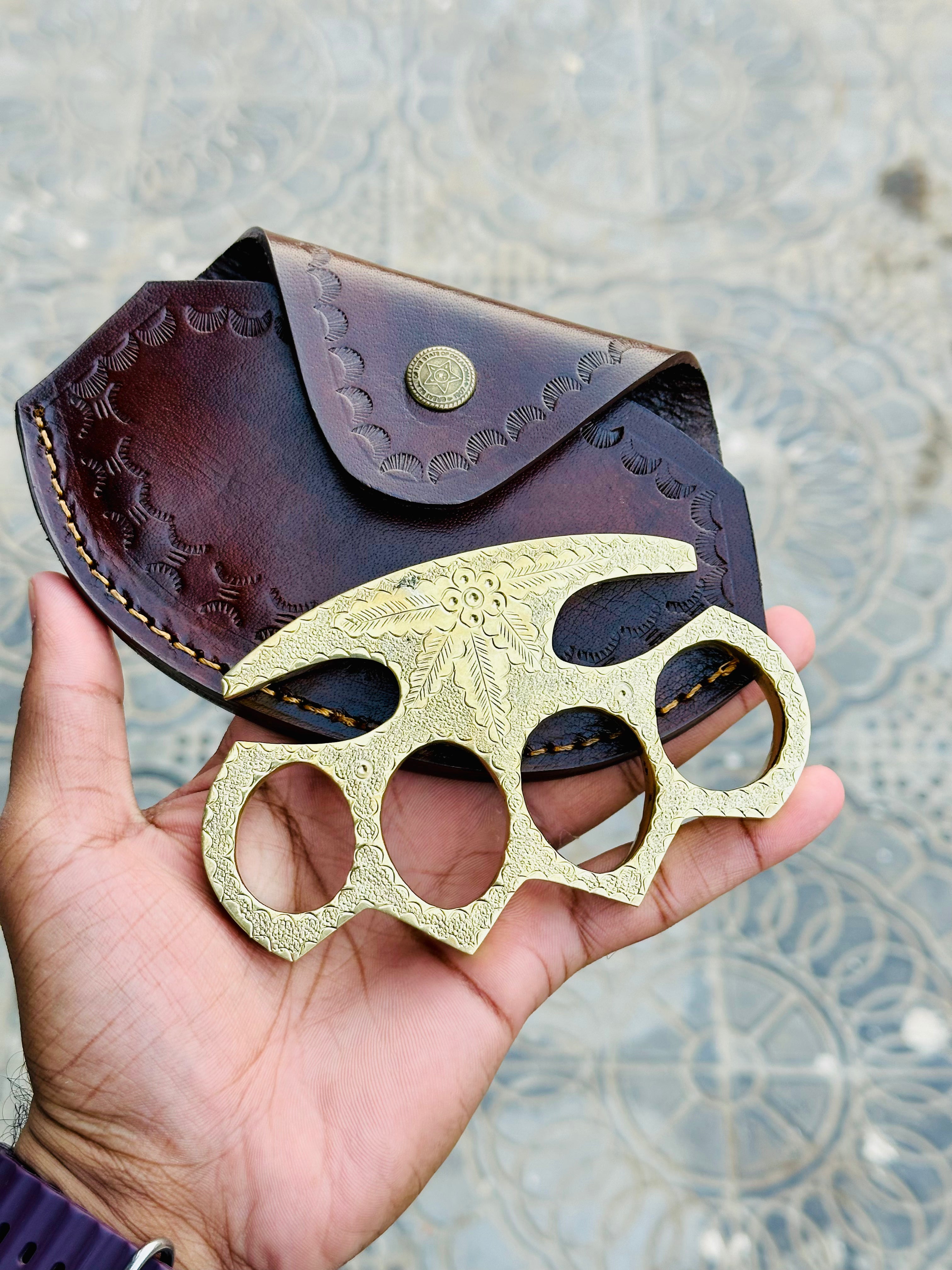 Handmade Engraved Brass Knuckles with Leather Belt Case – Solid Brass Everyday Carry
