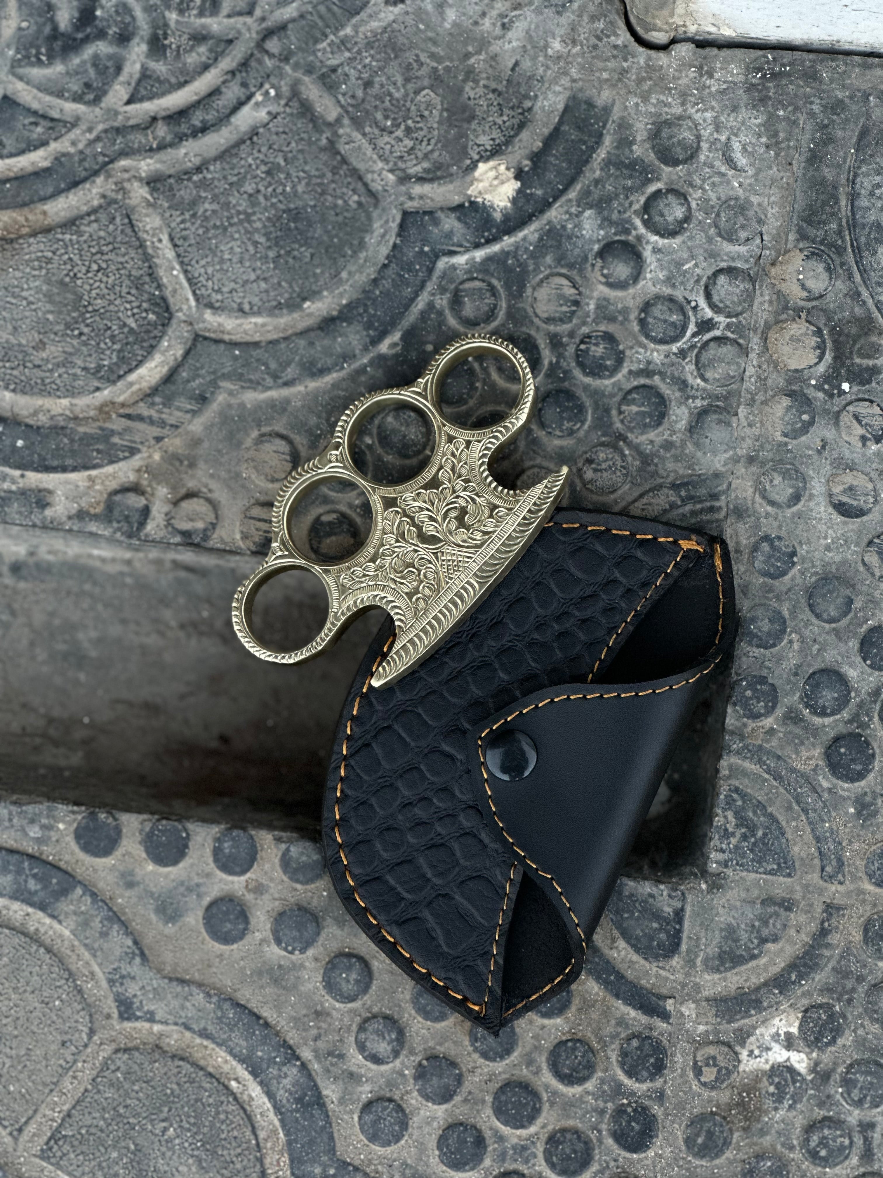 Luxury Handcrafted Brass Knuckle with Engraving & Leather Sheath