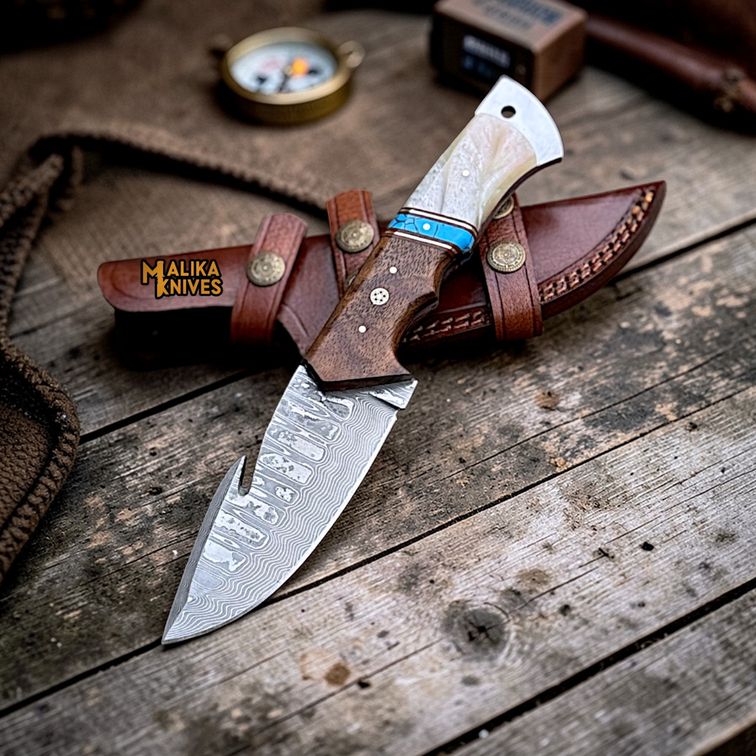 Damascus Gut Hook Hunting Knife with Wood Handle & Sheath