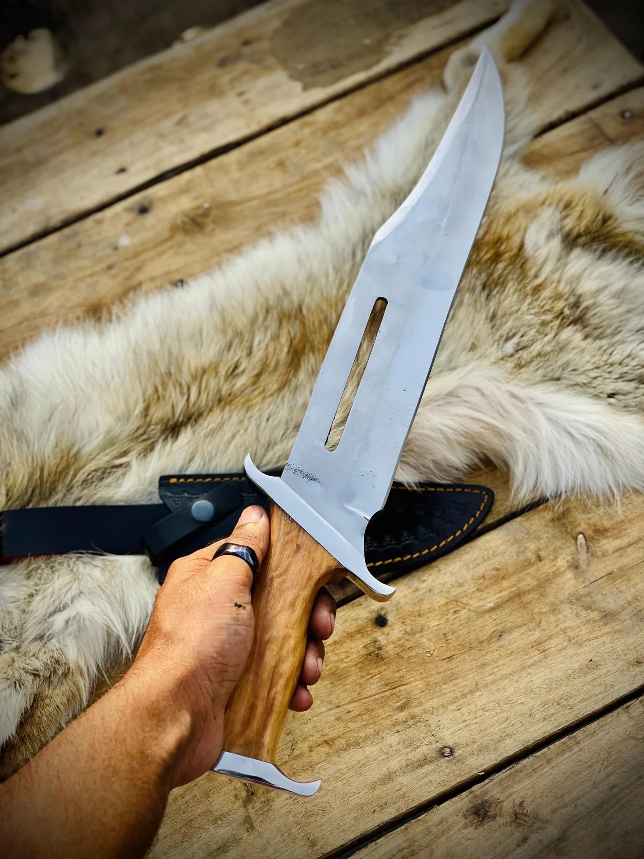 Custom Handmade 15” D2 Steel Rambo Bowie Knife with Olive Wood Handle & Steel Guard – Includes Leather Sheath