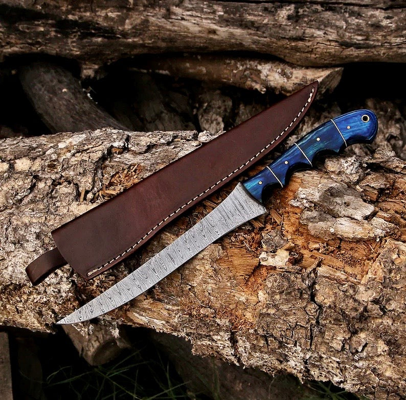 Handmade Rasp Steel Hunting Knife with blue handle and leather sheath - Relic & Reel