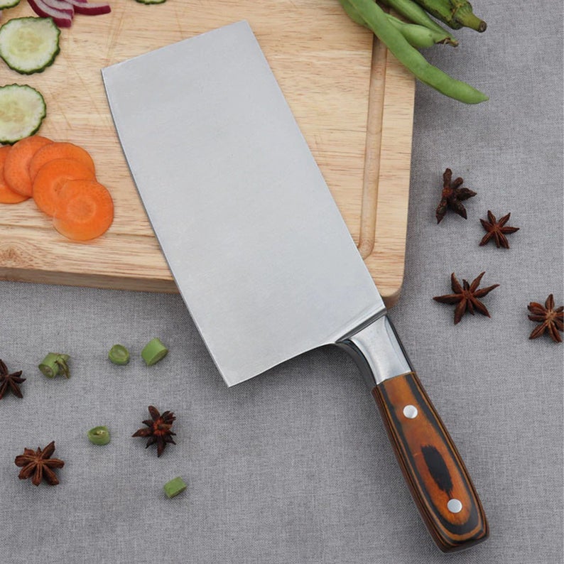 Custom Handmade 1095 Steel Cleaver Knife – 12.5" Butcher’s Essential with Exotic Wood Handle, Steel Bolster & Leather Sheath