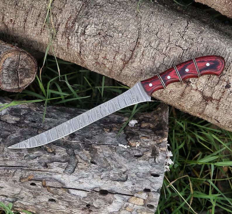 Custom Handmade Damascus Steel Fishing Fillet Knife - 13" Blade with Pakka Wood Handle & Leather Sheath | Best Flexible Fillet Knife for Fishing