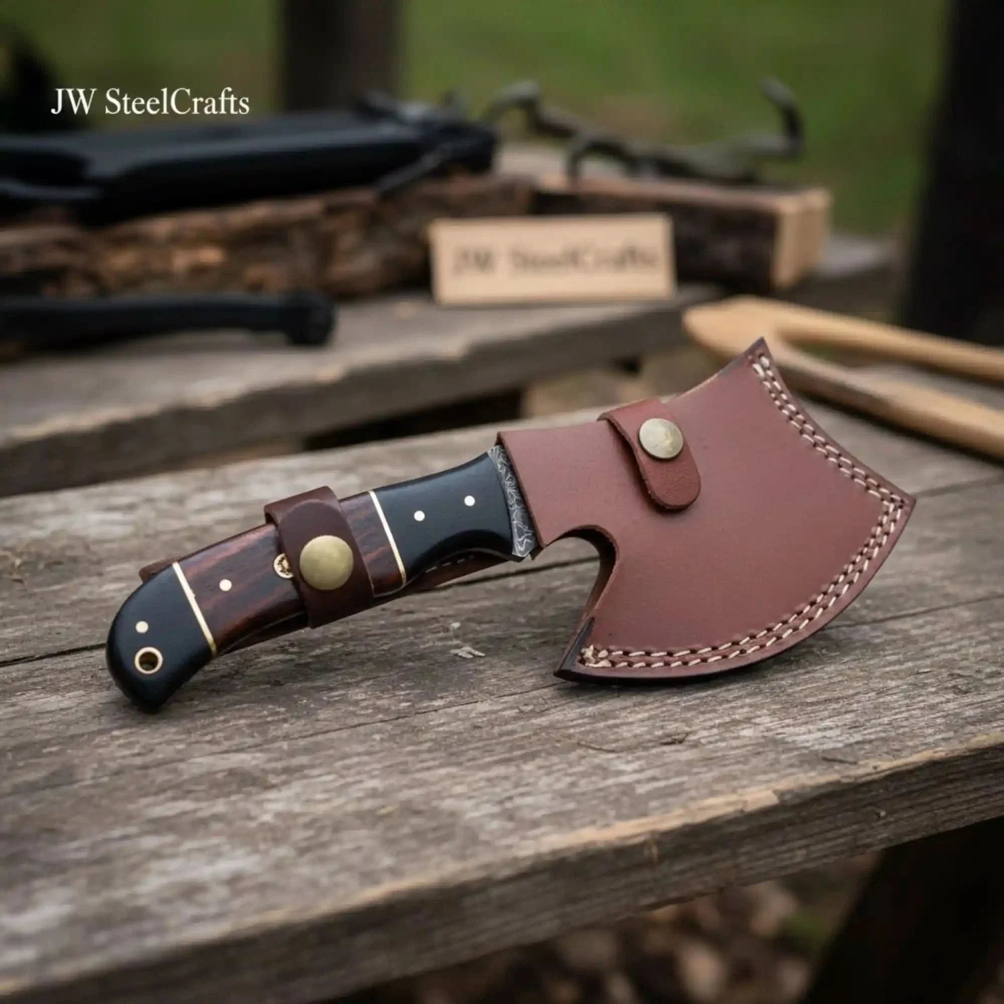 Kaelwyn Damascus Cleaver Hatchet with Layered Wood Scales