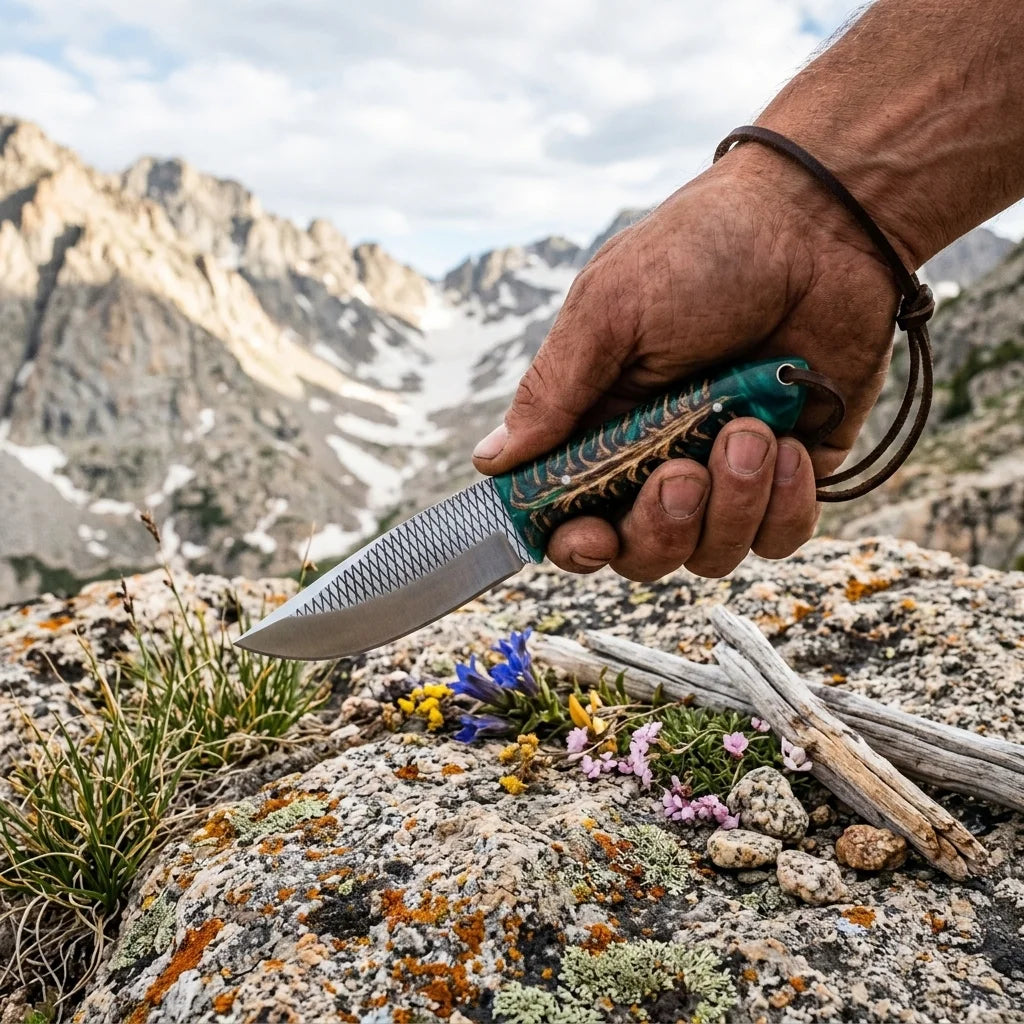 Rasp Steel Western Ranch Knife – Green Pine Cone Resin Handle with Leather Sheath