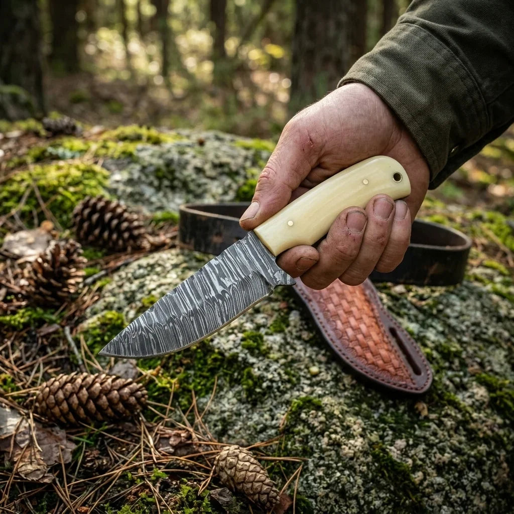 Western Ranch Knife – Fire Damascus Steel & Bone Handle with Leather Sheath