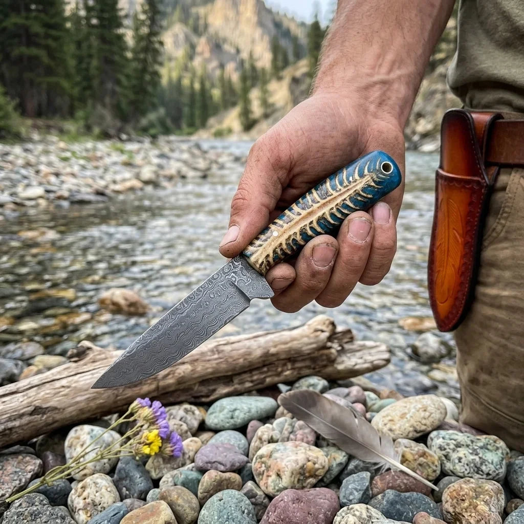 Western Ranch Knife – Damascus Steel & Blue Pine Cone Resin Handle with Leather Sheath