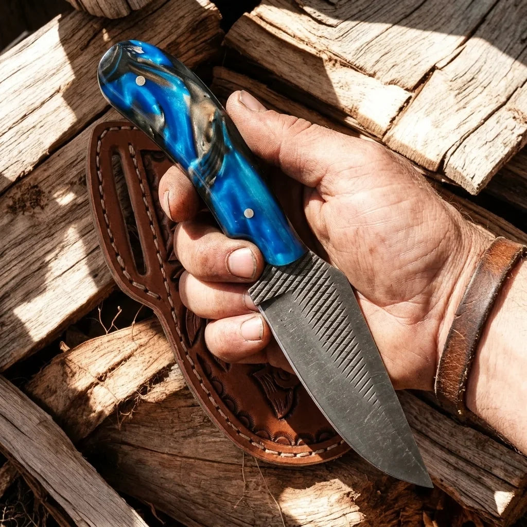 The Doc Holliday – Custom Handmade Old Rasp Steel Ranch Knife with Epoxy Resin Handle & Leather Sheath