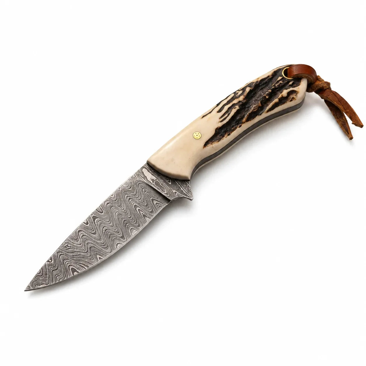 Horizontal Carry Western Knife – Damascus Steel & Antler Horn Handle with Leather Sheath | 7"