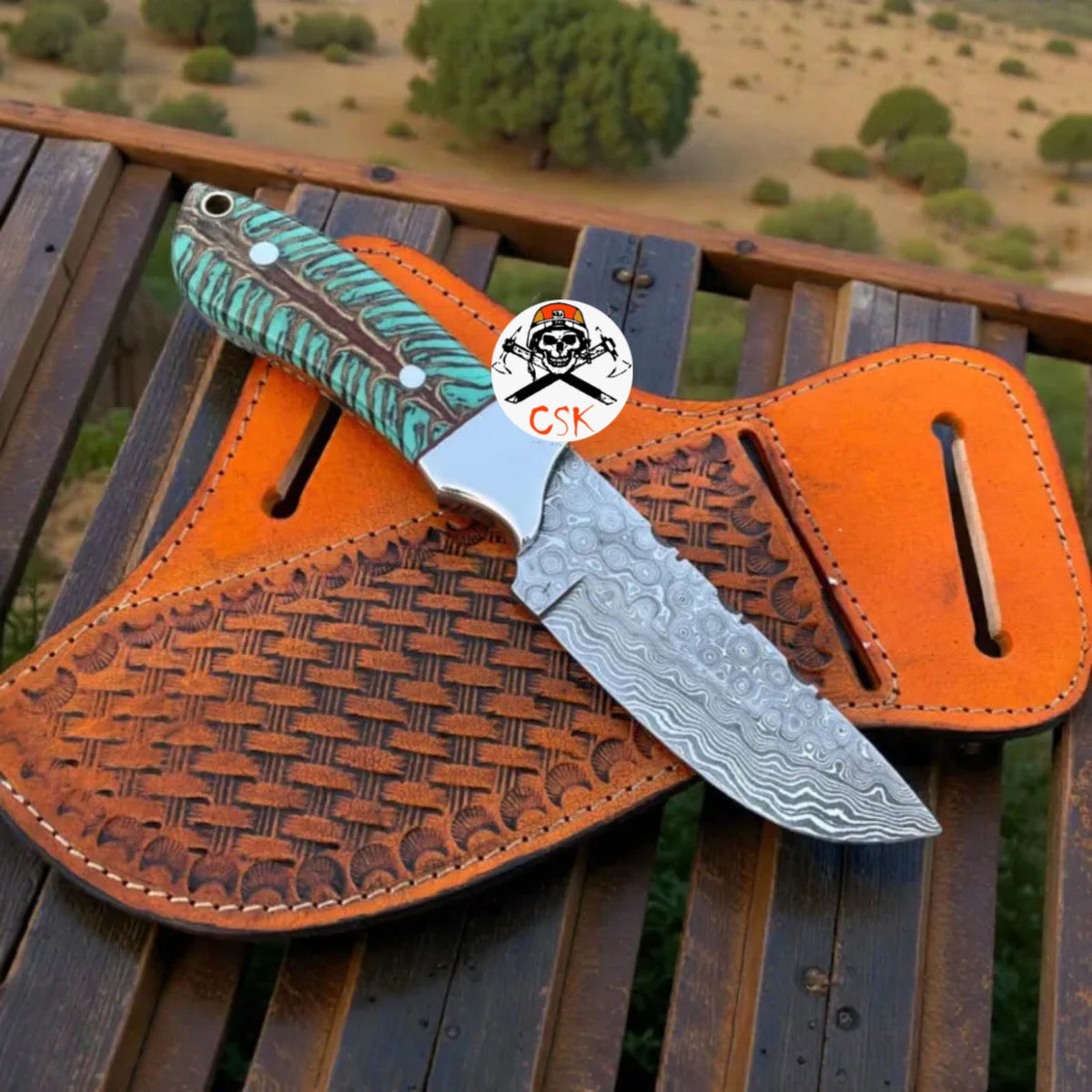 Cskforged Ranch Cowboy knife with a 3.25-inch Damascus blade and pine cone resin handle, ideal for hunting and outdoor use.