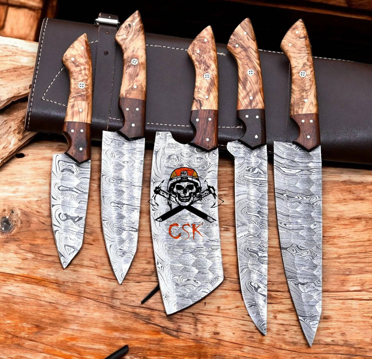 Handmade premium Damascus kitchen knife set with five knives and olivewood handles, crafted by cskforged.