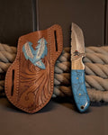 Handmade Damascus Steel cowboy ranch knife with a 3.75-inch blade and turquoise handle by cskforged.