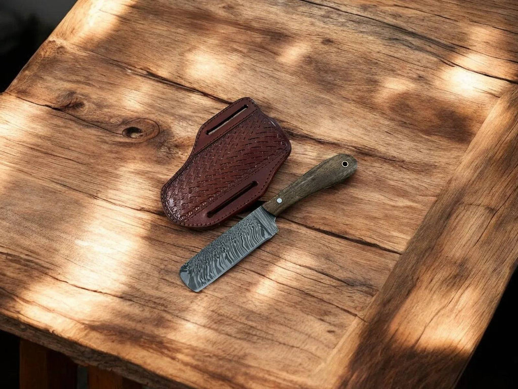 Premium Damascus Bull Cutter Knife with walnut wood handle and sheath, ideal EDC tool by cskforged.