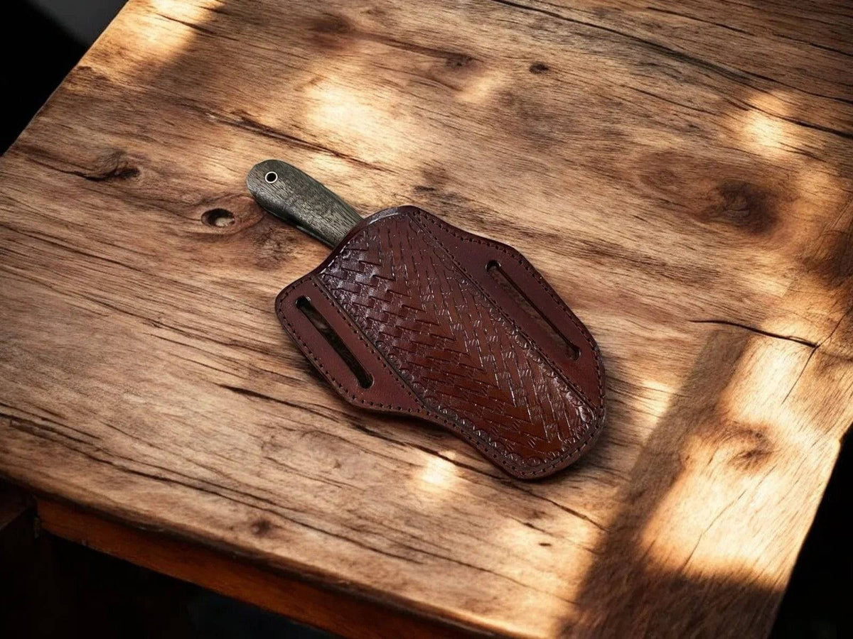 Premium Damascus Bull Cutter Knife with walnut wood handle and sheath, ideal for everyday carry by cskforged.