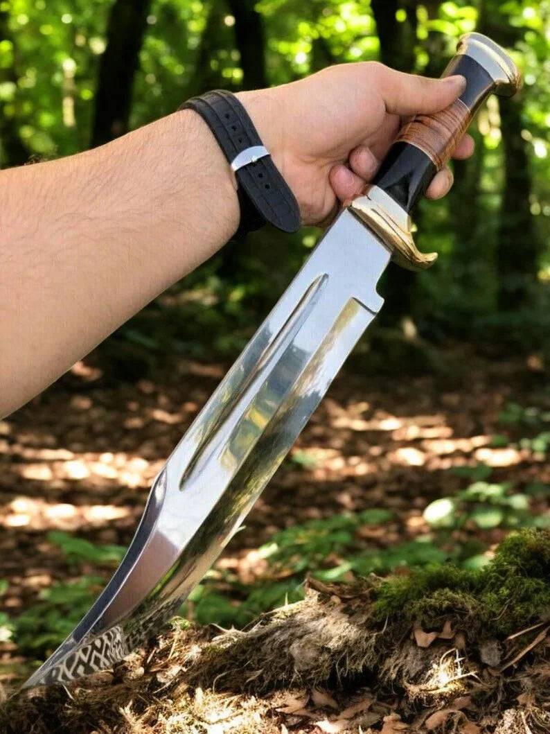 Cskforged Crocodile Dundee Knife with wooden handle and sharp blade, ideal for outdoor adventure and survival tasks.