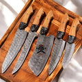 Handmade cskforged 5-piece Damascus kitchen knife set with olivewood handles, showcasing polished blades and elegant wooden handles.